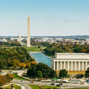 Helicopter shot of the the National Mall in Washington, D.C. on a sunny day in fall